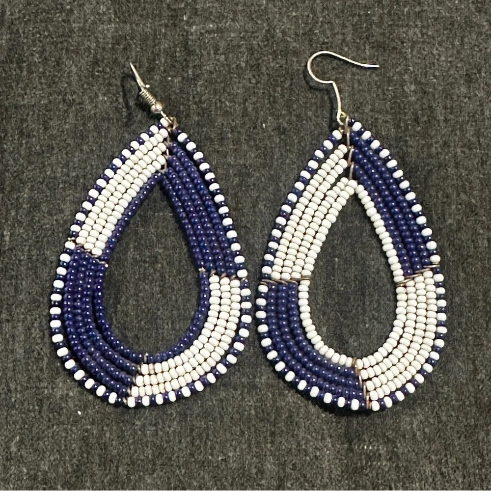 NEW African Handmade Beaded Earrings Blue and White
